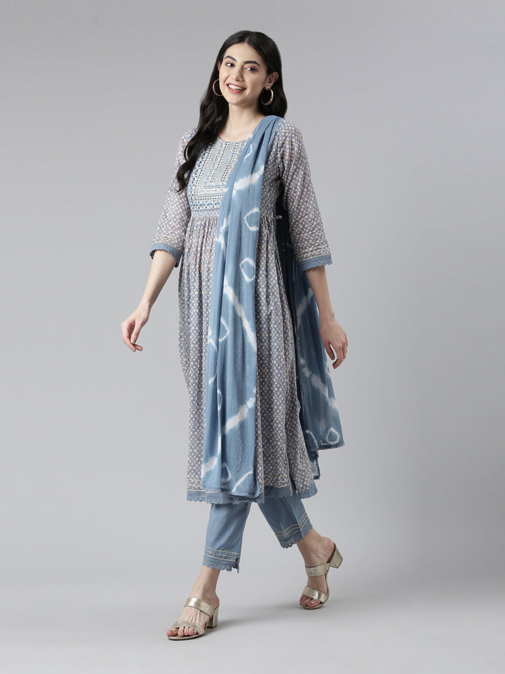 Neerus Multi printed mirror work pleated suit set - detail view 2