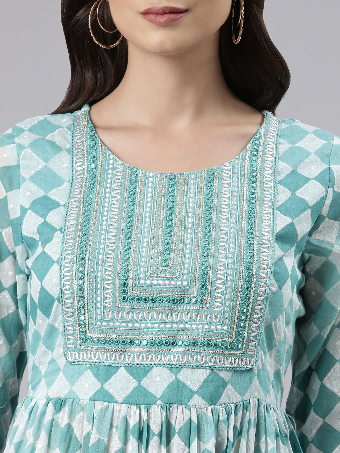 Neerus Green embroidered kurta set with palazzo and dupatta - detail view 1