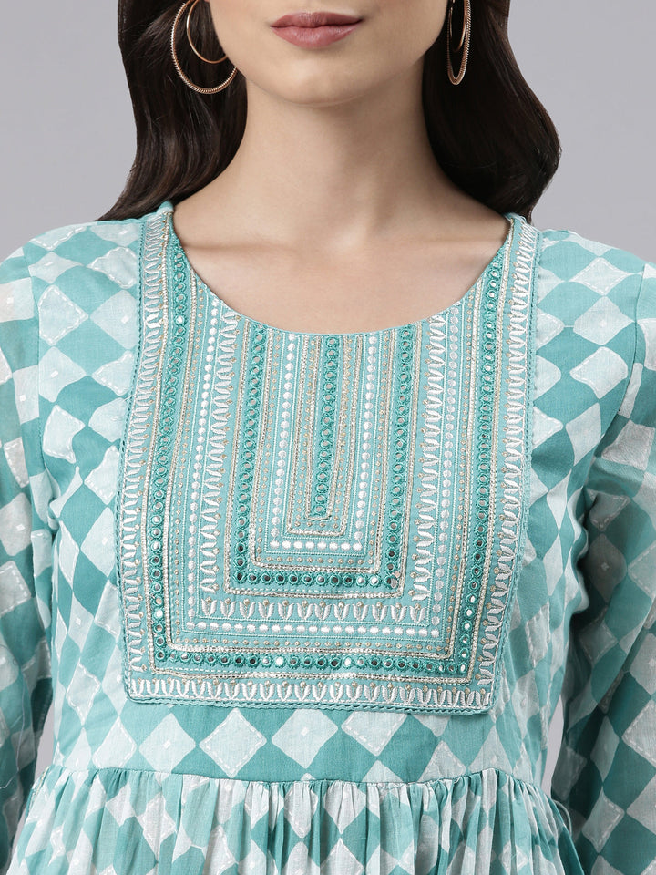 Neerus Green embroidered kurta set with palazzo and dupatta - detail view 1
