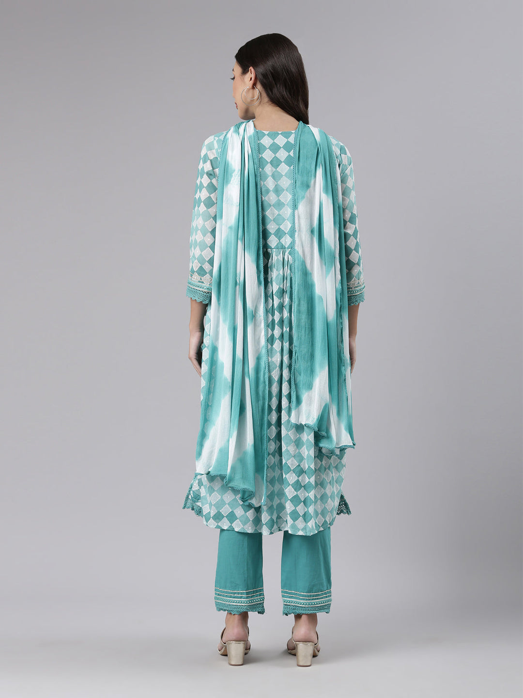Neerus Green embroidered kurta set with palazzo and dupatta - side view