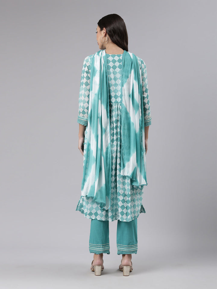 Neerus Green embroidered kurta set with palazzo and dupatta - side view