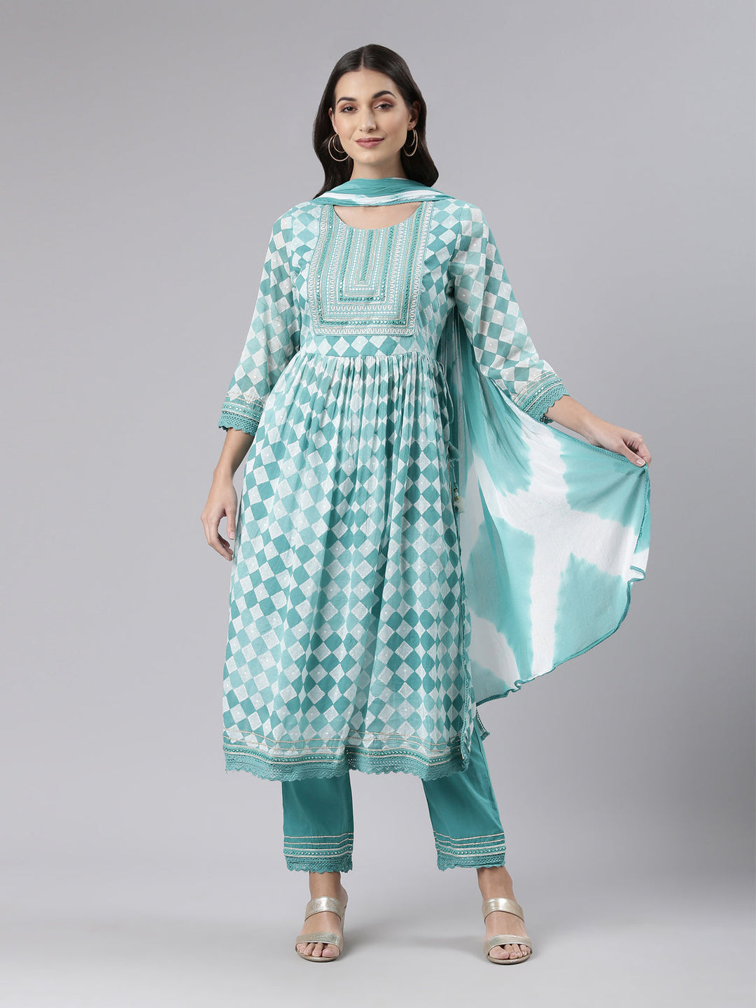 Neerus Green embroidered kurta set with palazzo and dupatta - front view