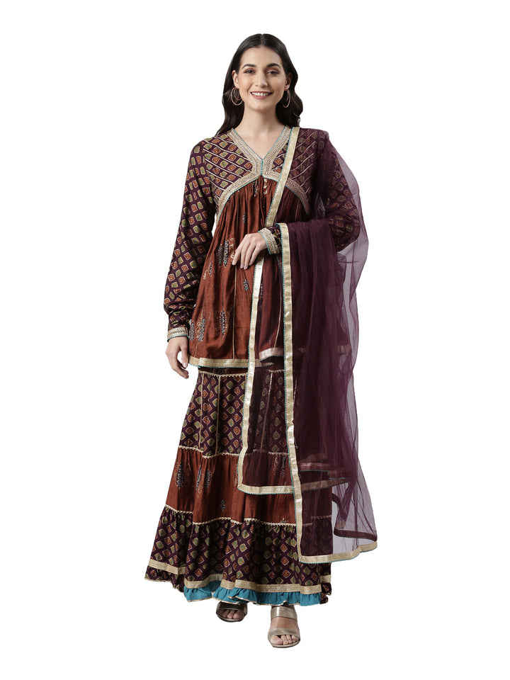 Neerus Brown rayon printed sharara set - front view