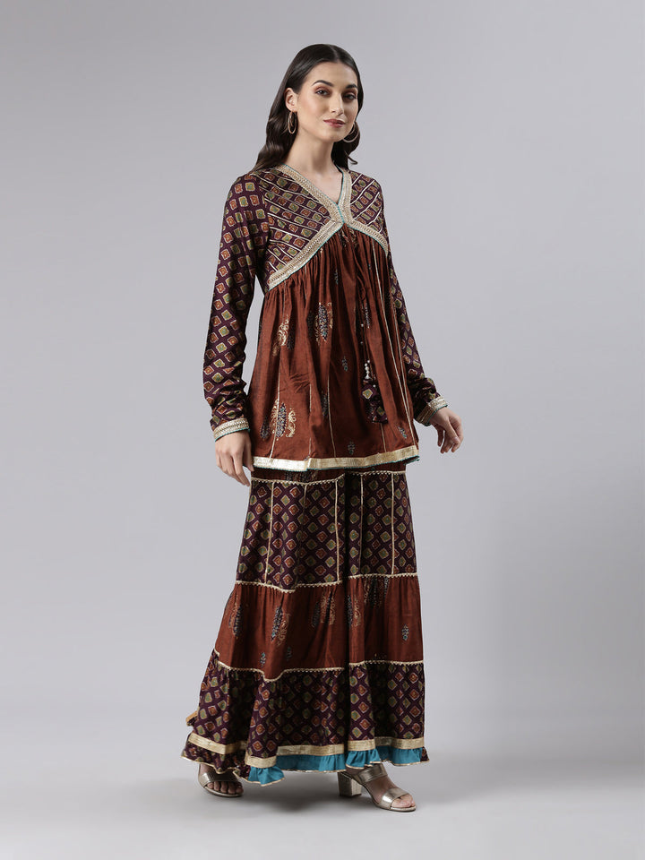 Neerus Brown rayon printed sharara set - back view