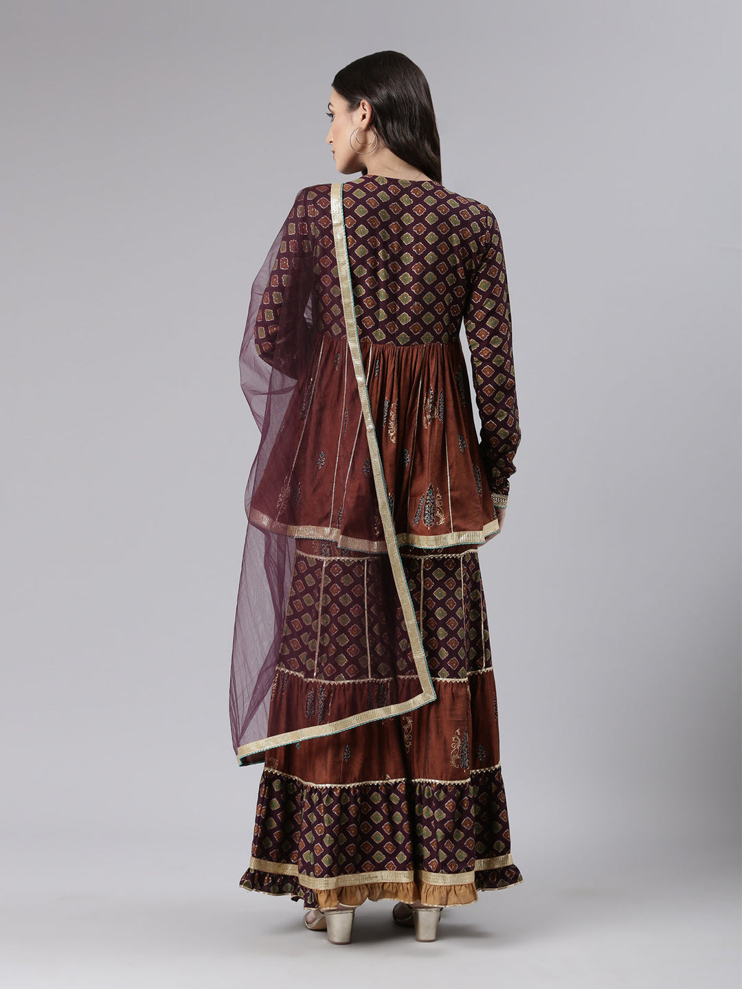 Neerus Brown rayon printed sharara set - side view