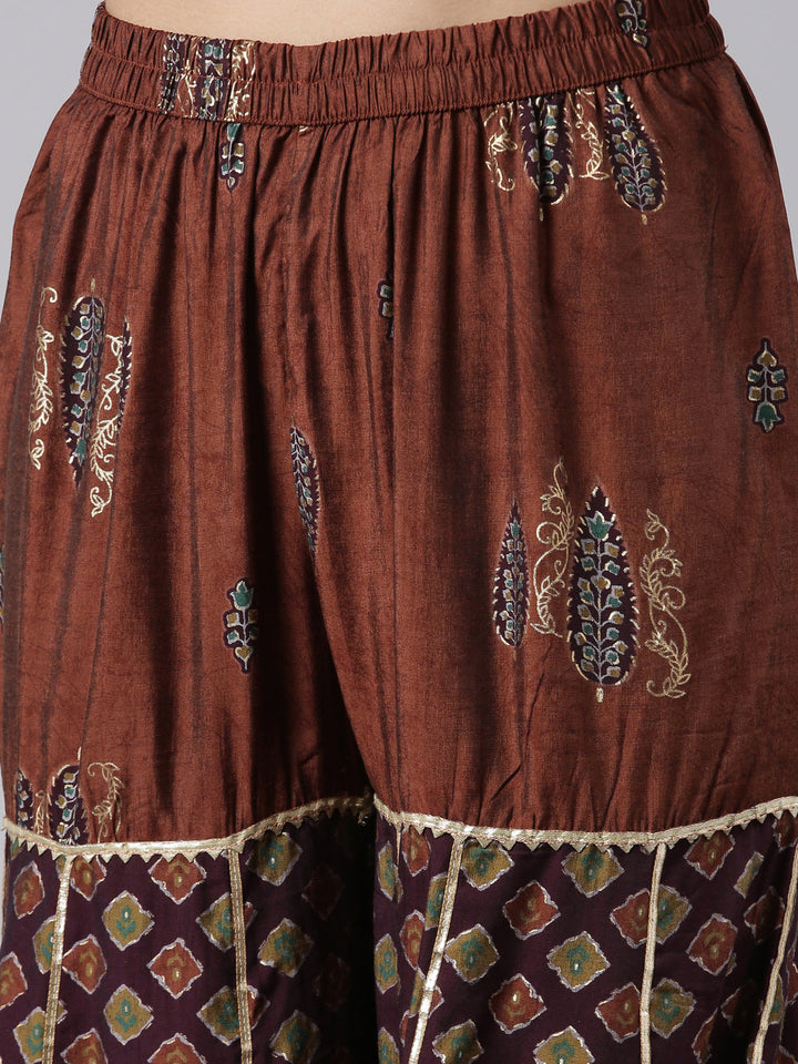 Neerus Brown rayon printed sharara set - detail view 1