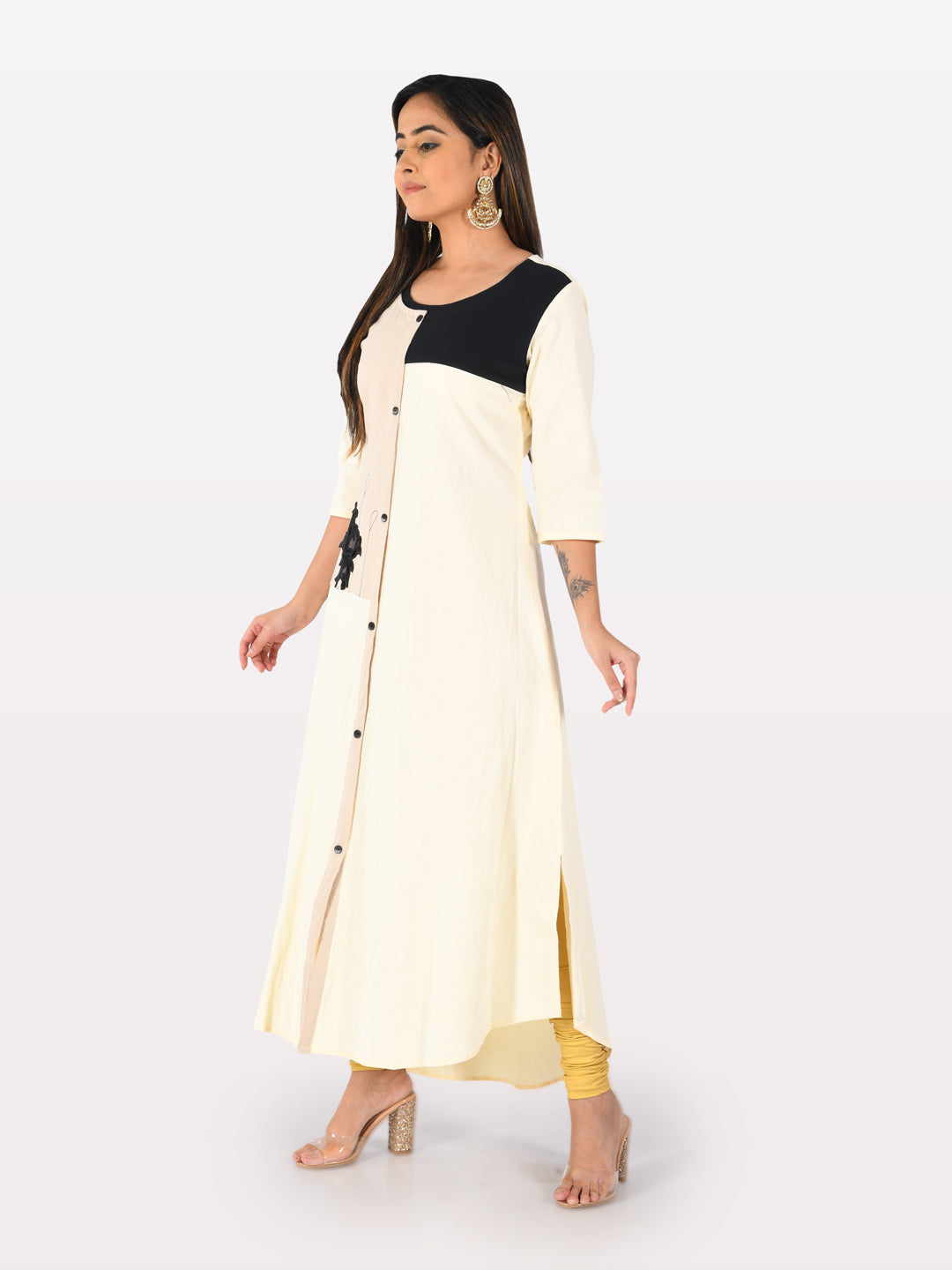 Neerus White rayon embroidered A-line kurta - front view