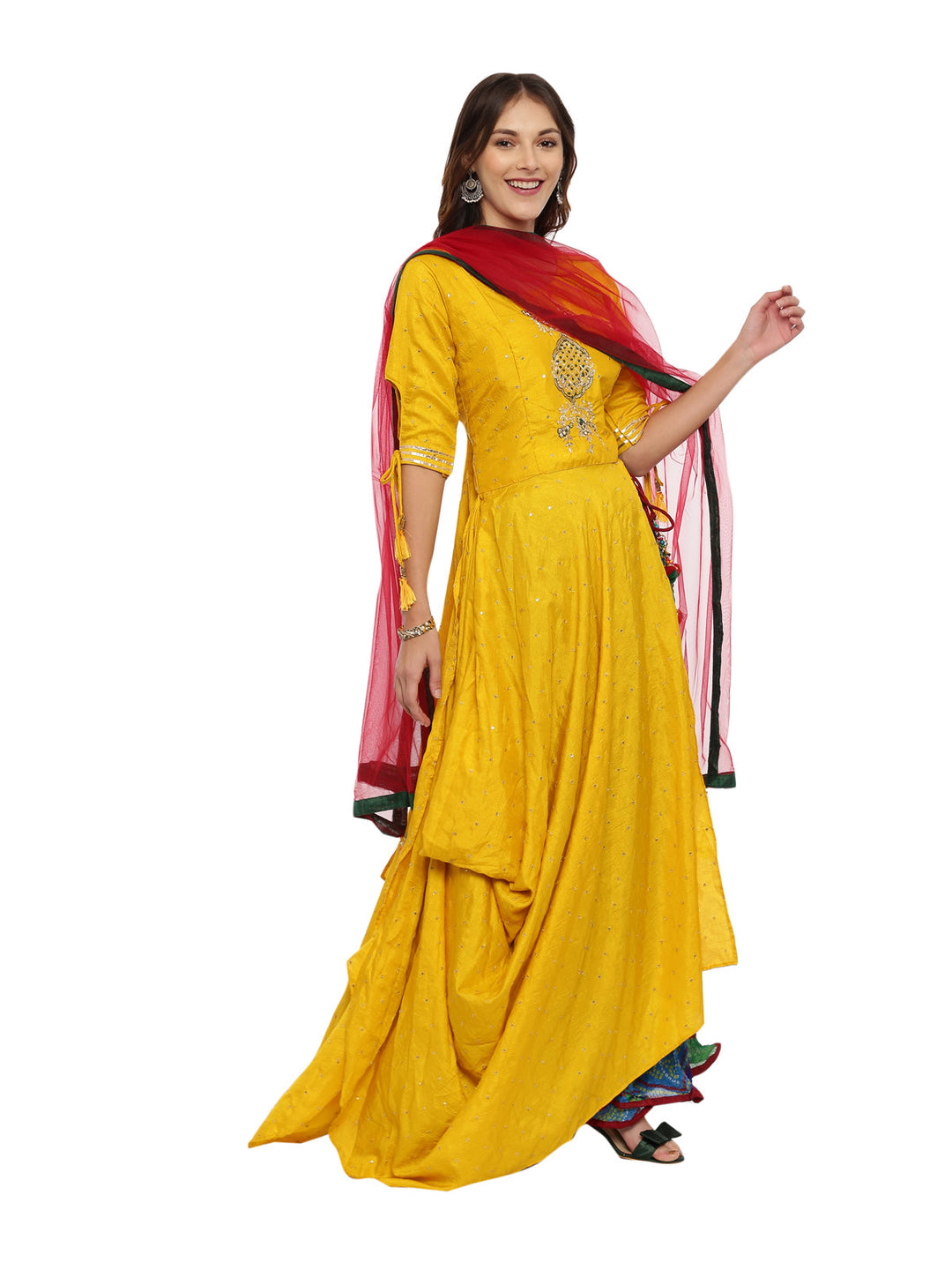 Neerus Multi silk embellished kurta set with skirt and dupatta - front view