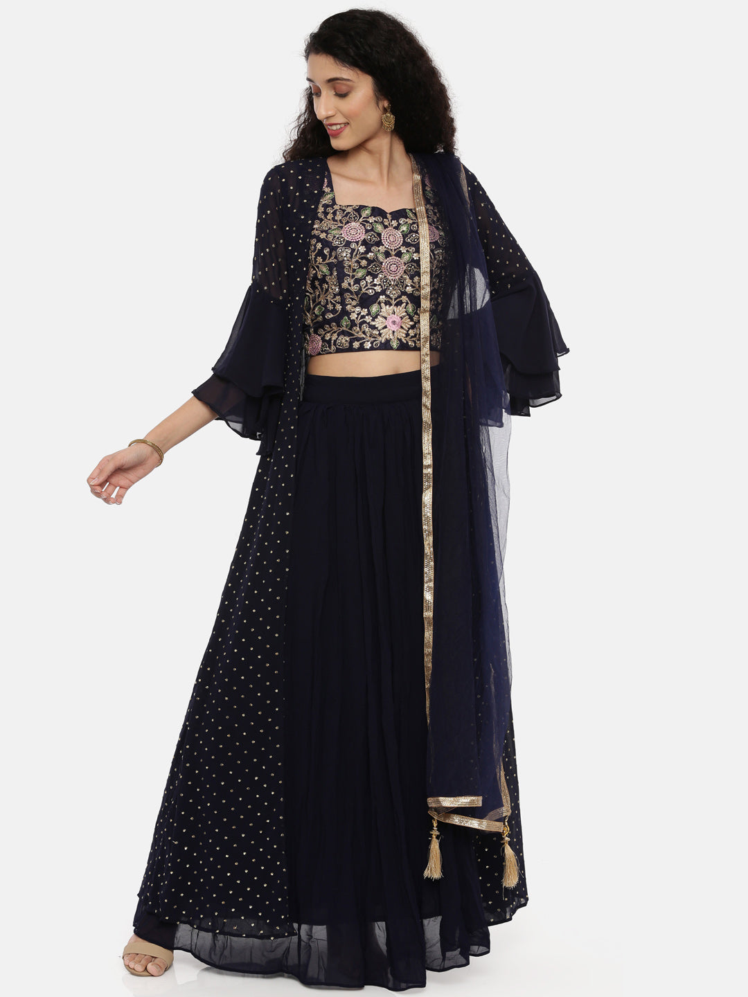 Neerus Blue embroidered suit set with jacket and skirt - front view