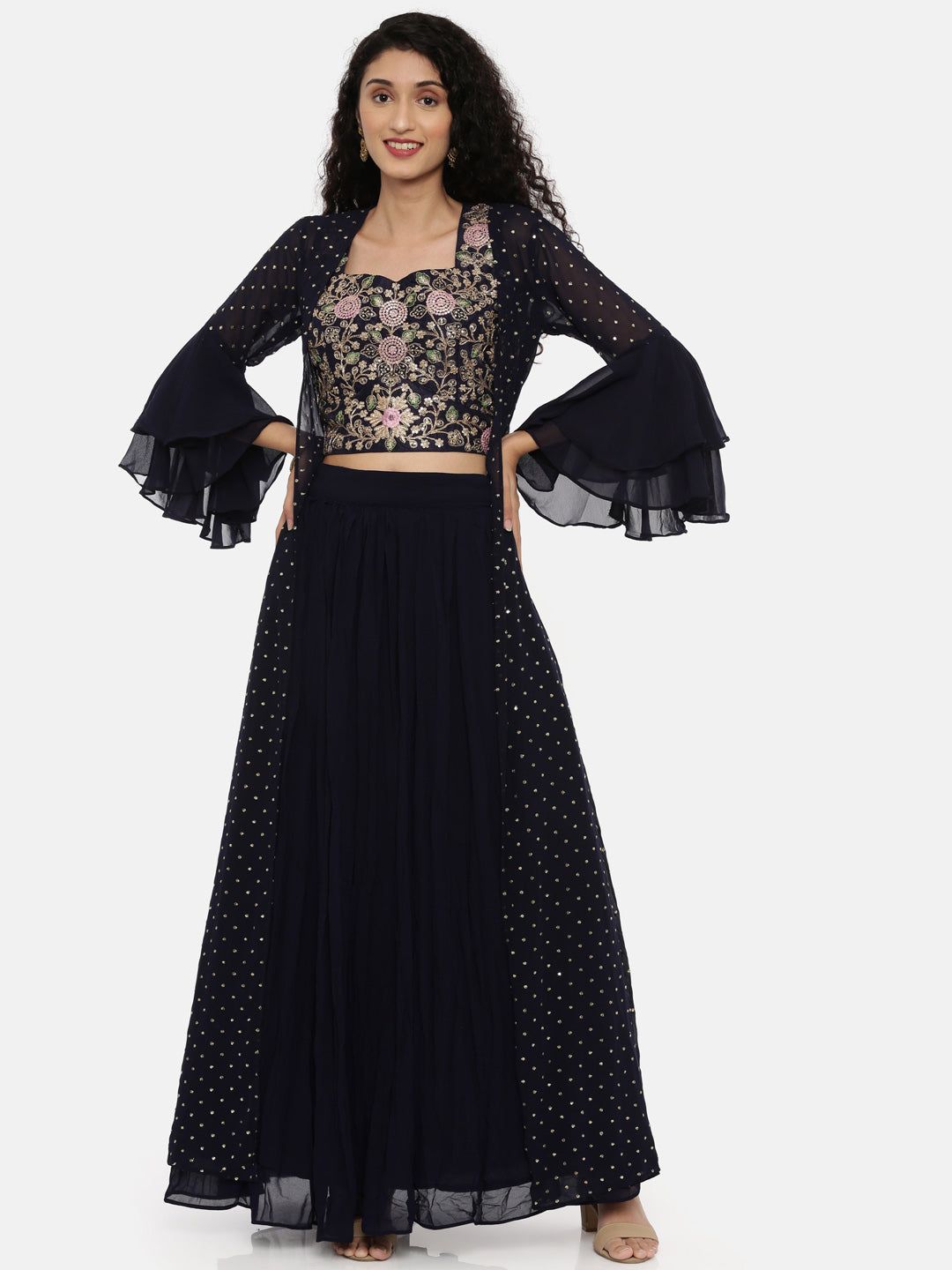 Neerus Blue embroidered suit set with jacket and skirt - back view