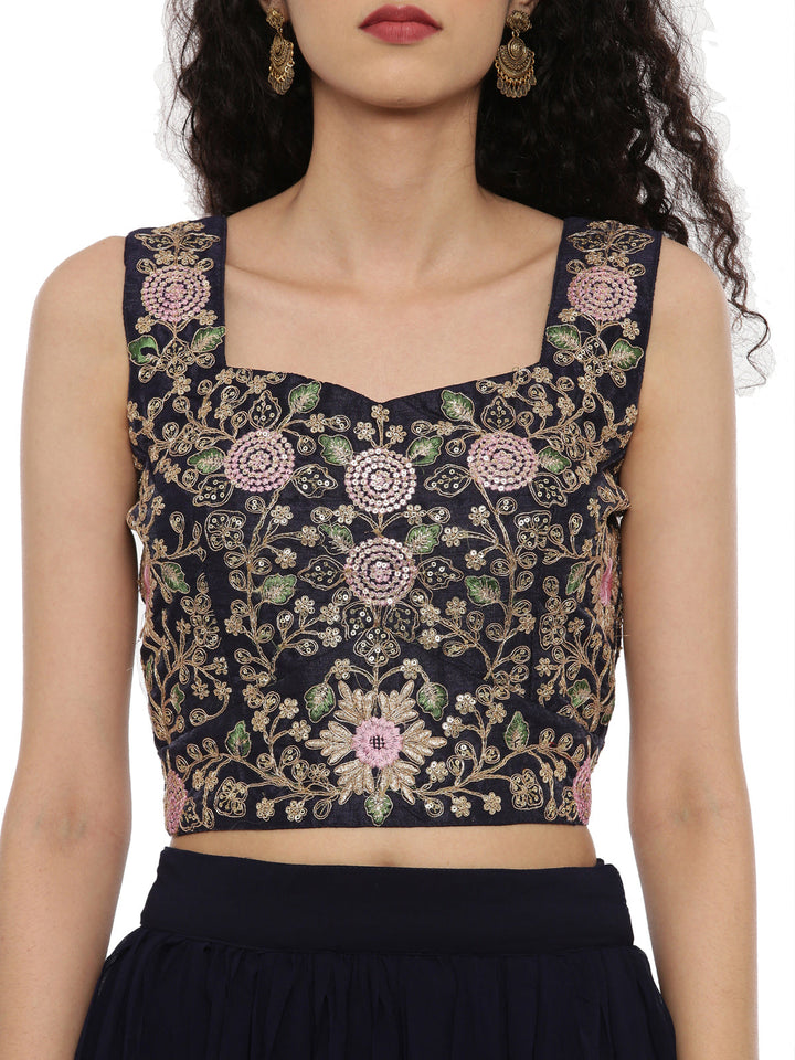 Neerus Blue embroidered suit set with jacket and skirt - detail view 2