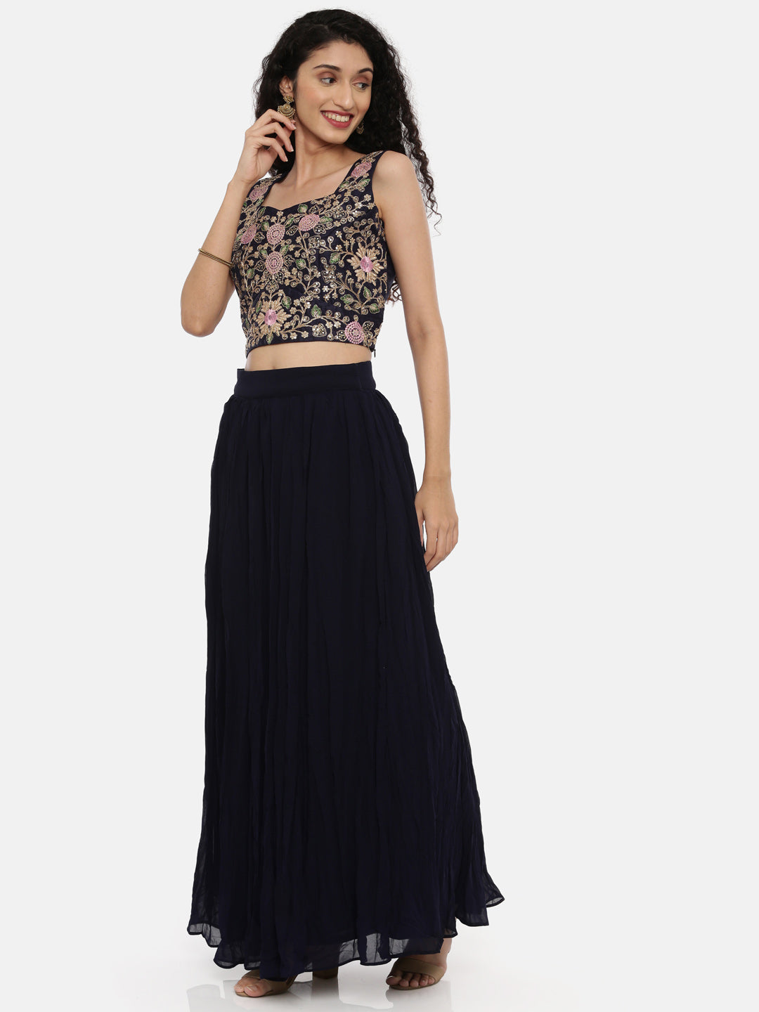 Neerus Blue embroidered suit set with jacket and skirt - detail view 1