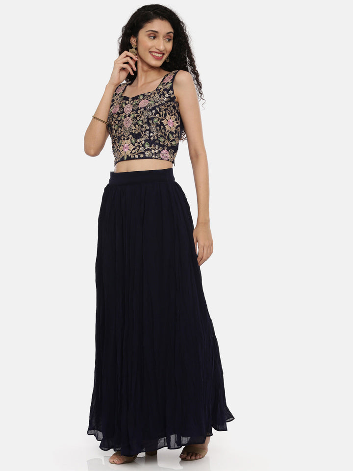 Neerus Blue embroidered suit set with jacket and skirt - detail view 1
