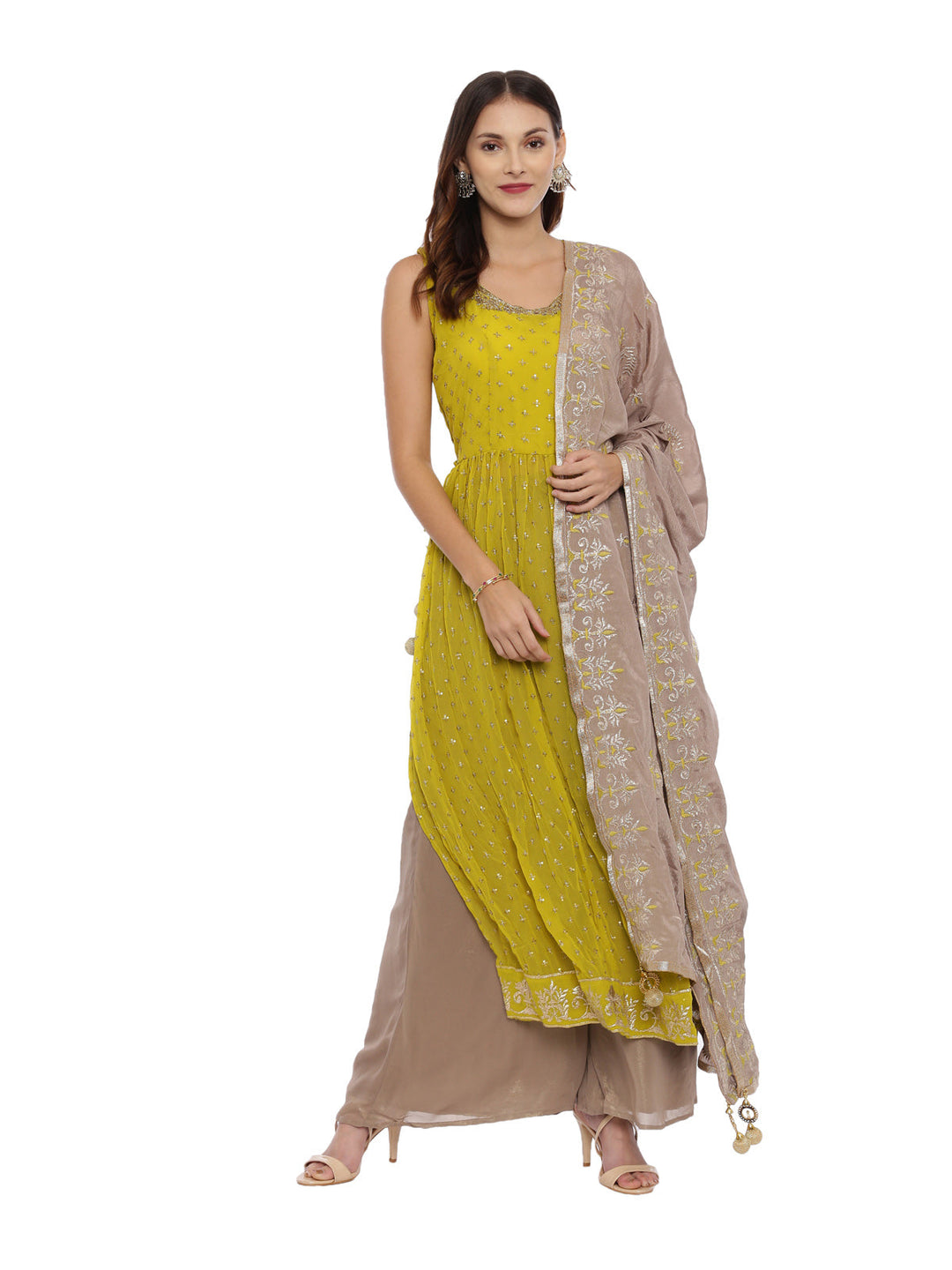 Neerus Yellow georgette sleeveless suit set with palazzo - front view