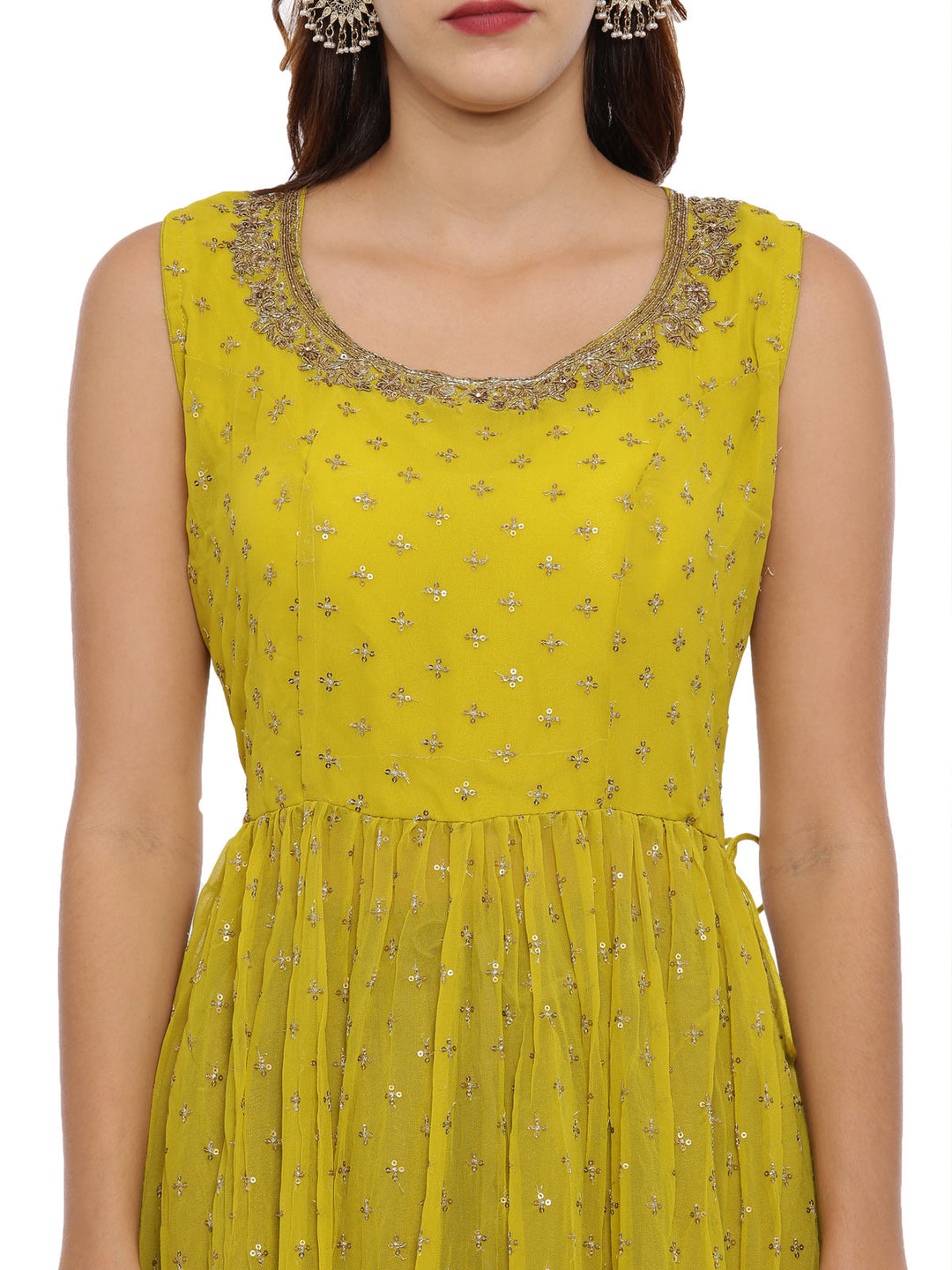 Neerus Yellow georgette sleeveless suit set with palazzo - back view