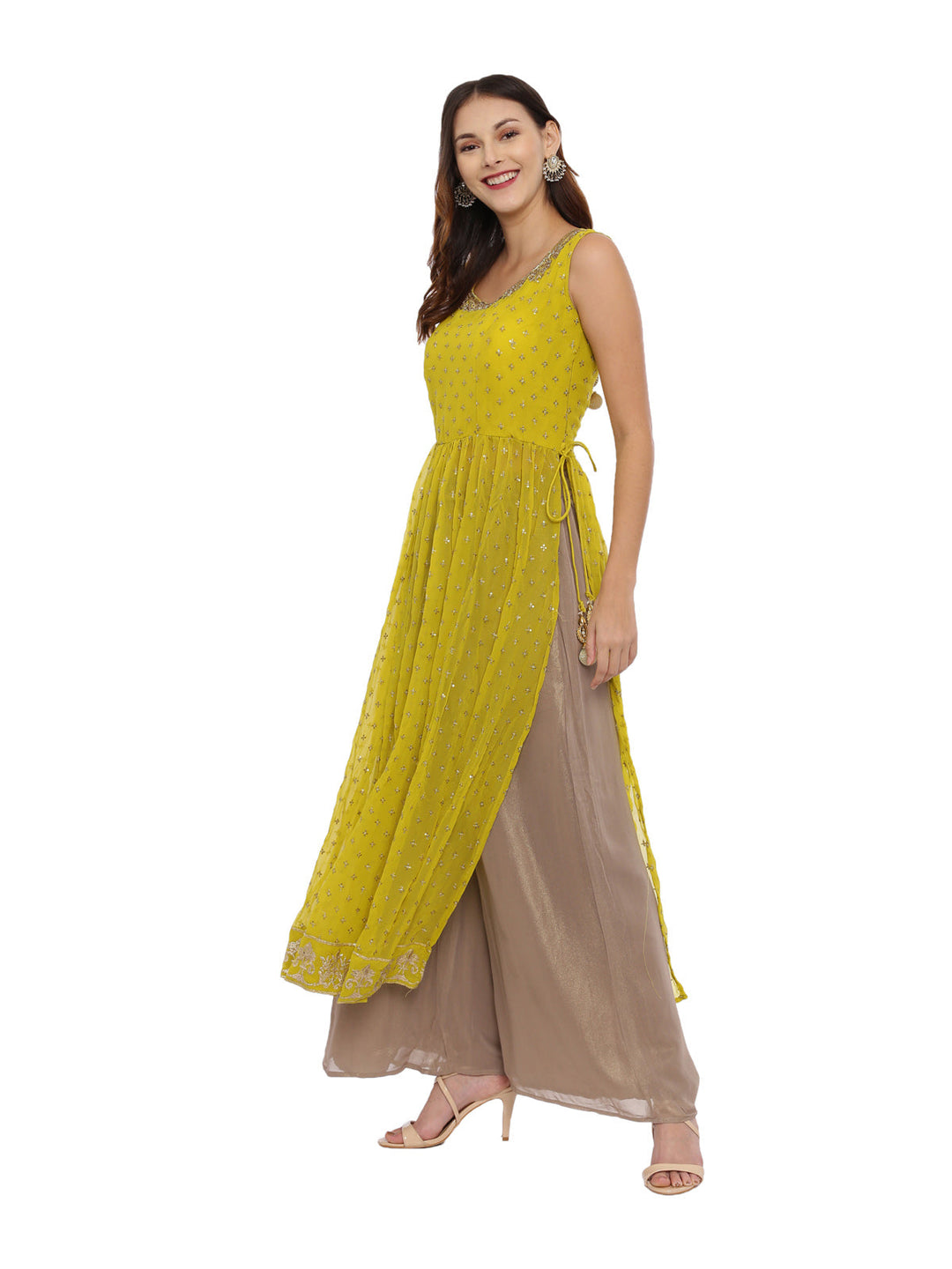 Neerus Yellow georgette sleeveless suit set with palazzo - detail view 2