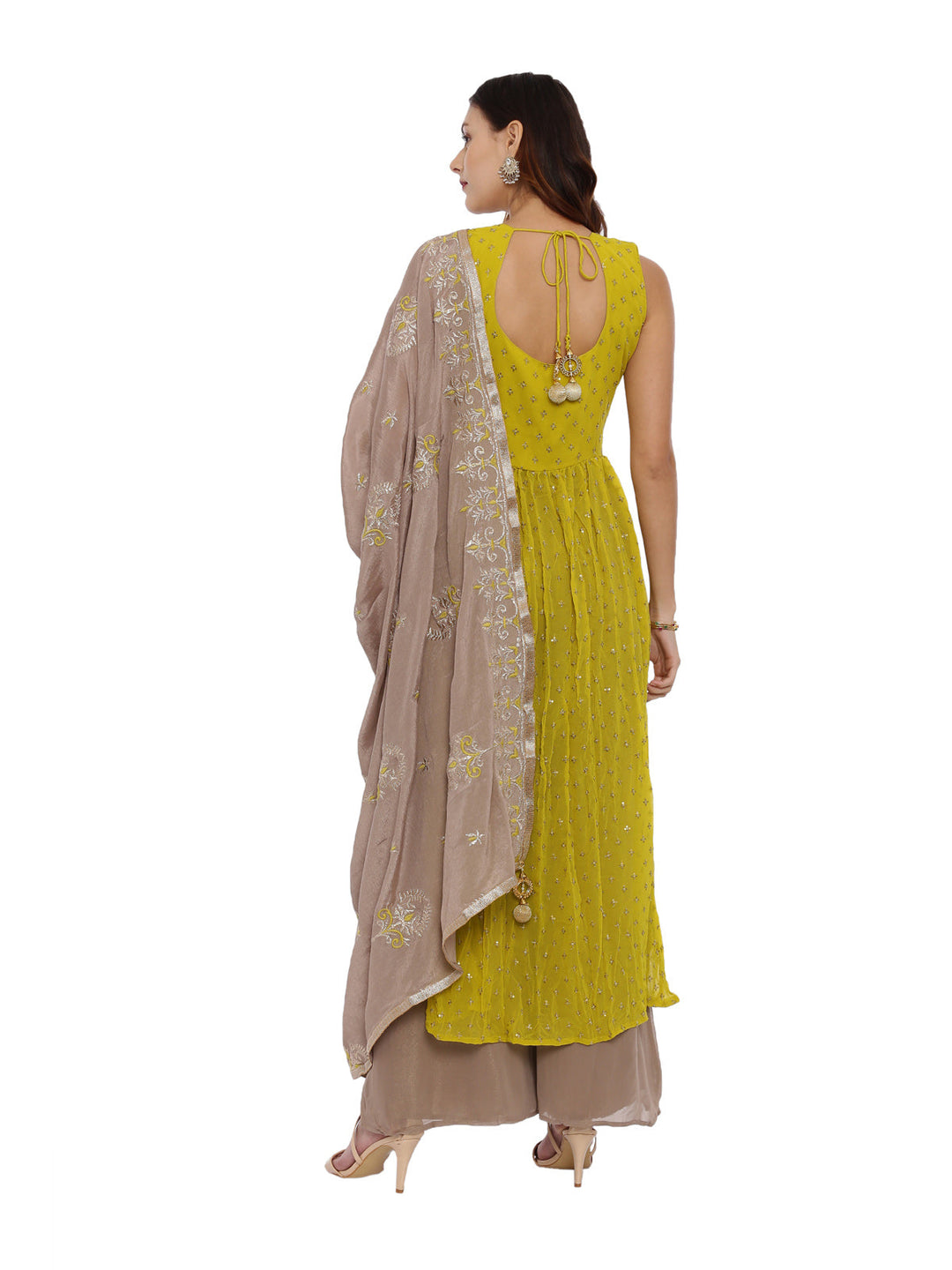 Neerus Yellow georgette sleeveless suit set with palazzo - detail view 1