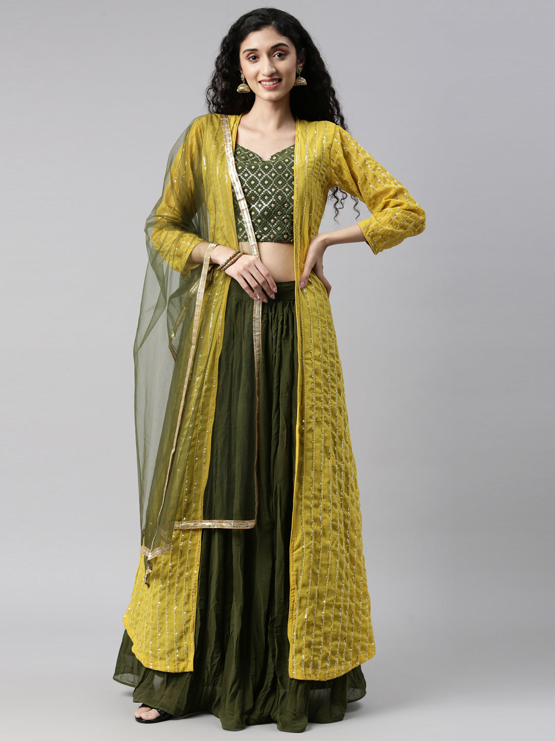 Neerus Green georgette embellished suit set crop top skirt jacket - back view