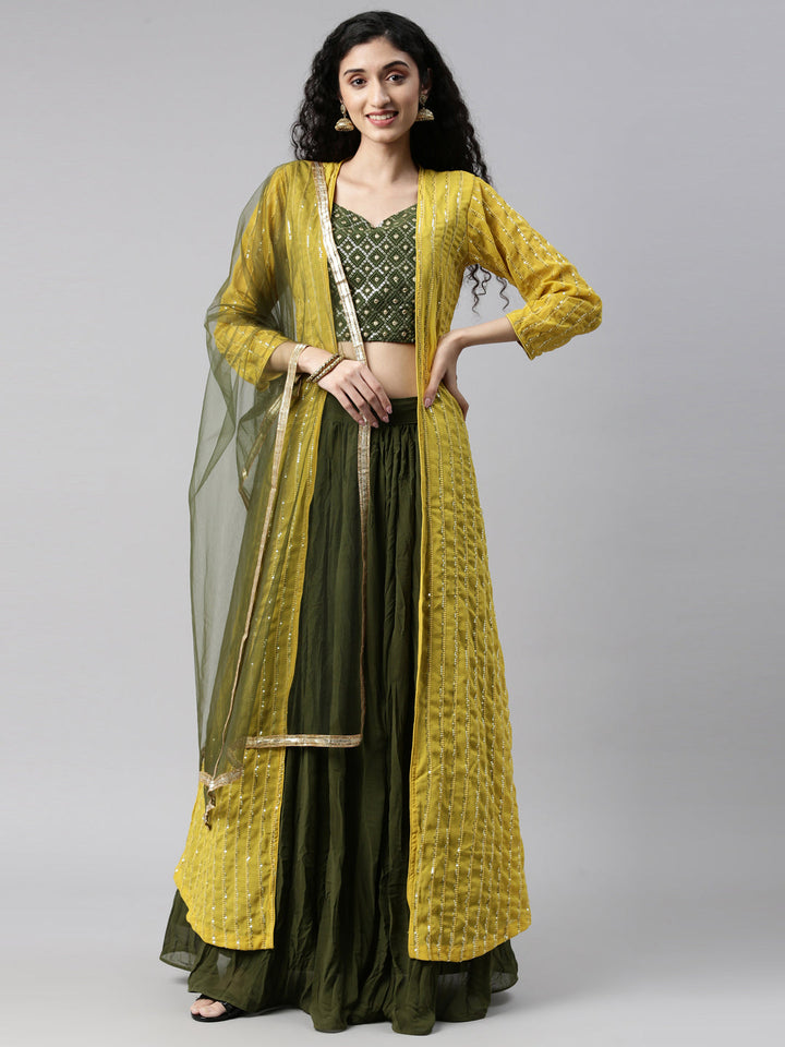 Neerus Green georgette embellished suit set crop top skirt jacket - back view