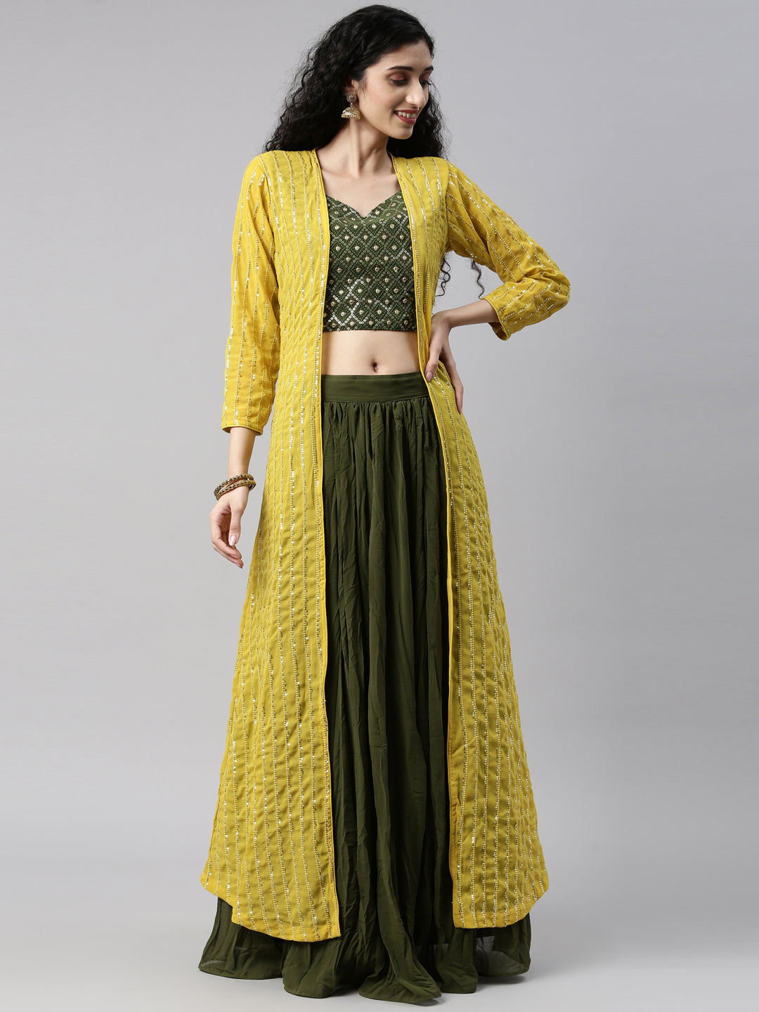 Neerus Green georgette embellished suit set crop top skirt jacket - detail view 10
