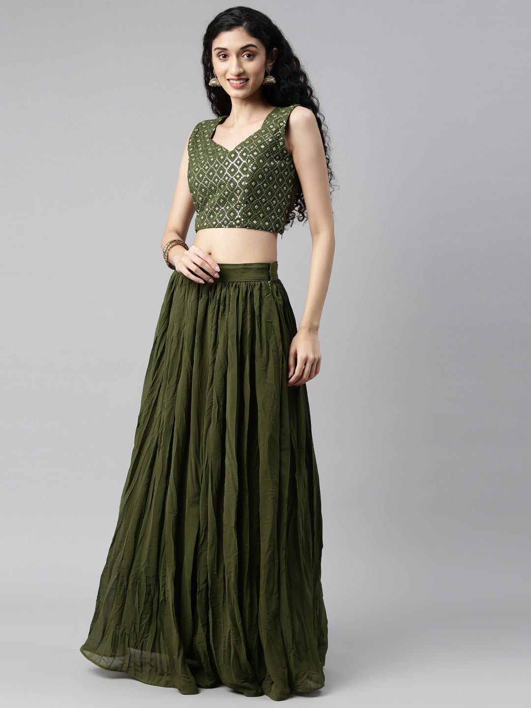 Neerus Green georgette embellished suit set crop top skirt jacket - detail view 7