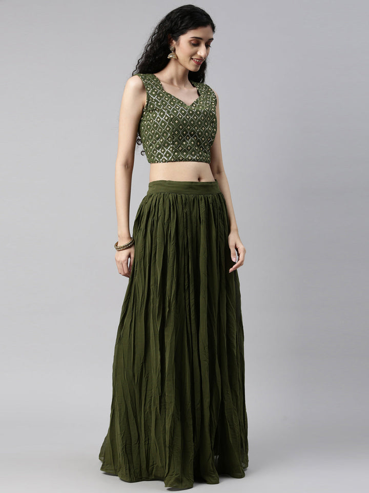 Neerus Green georgette embellished suit set crop top skirt jacket - detail view 20