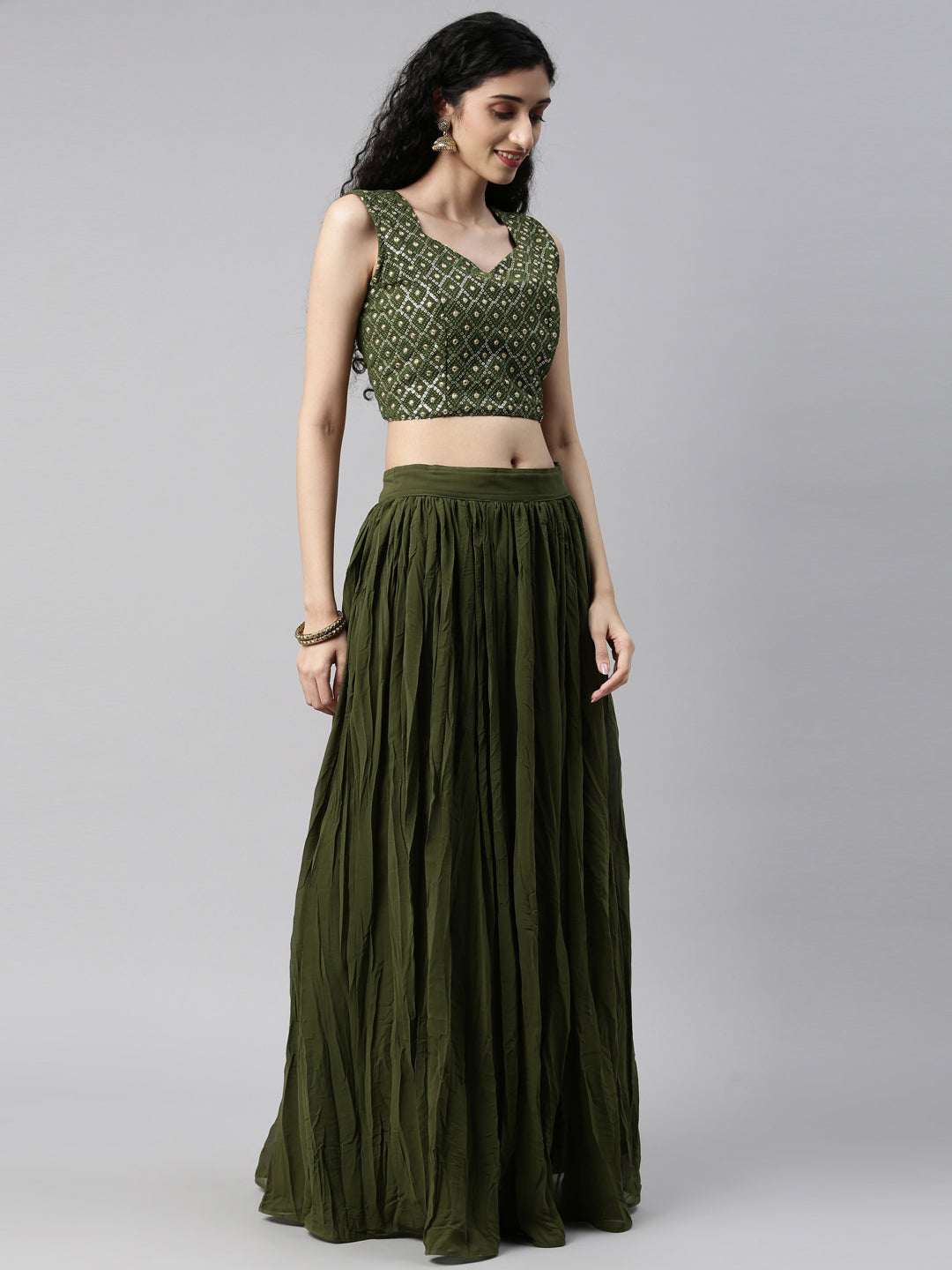 Neerus Mehadi Green Color Georgette Fabric Suit Set