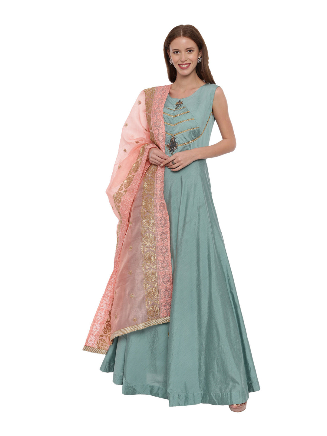 Neerus Green Chanderi Embroidered Anarkali Suit - front view