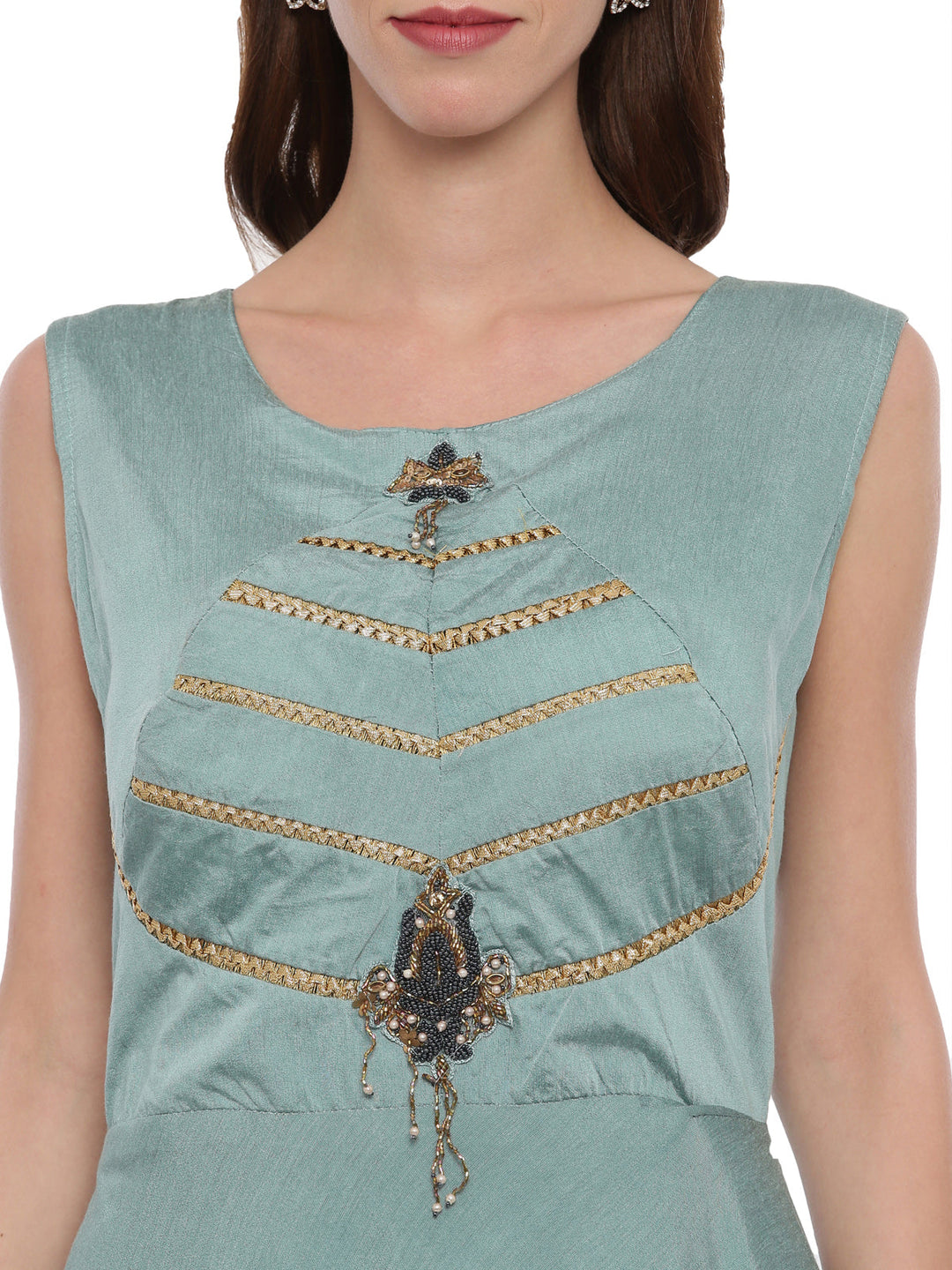 Neerus Green Chanderi Embroidered Anarkali Suit - back view