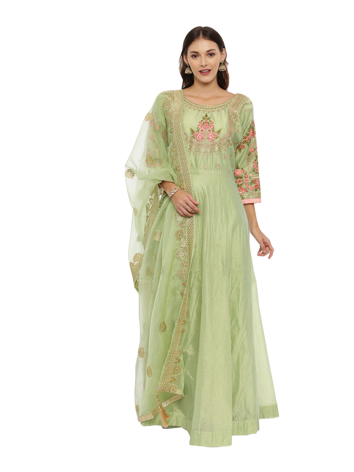 Neerus Green Chanderi Printed Anarkali Suit Set - front view
