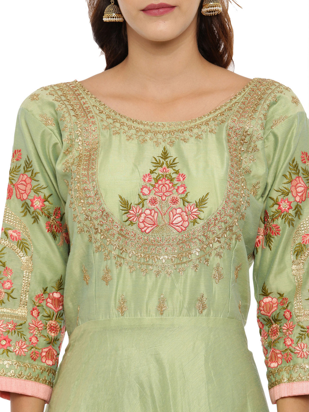 Neerus Green Chanderi Printed Anarkali Suit Set - back view