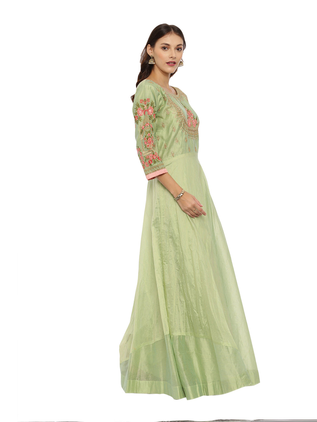 Neerus Green Chanderi Printed Anarkali Suit Set - side view