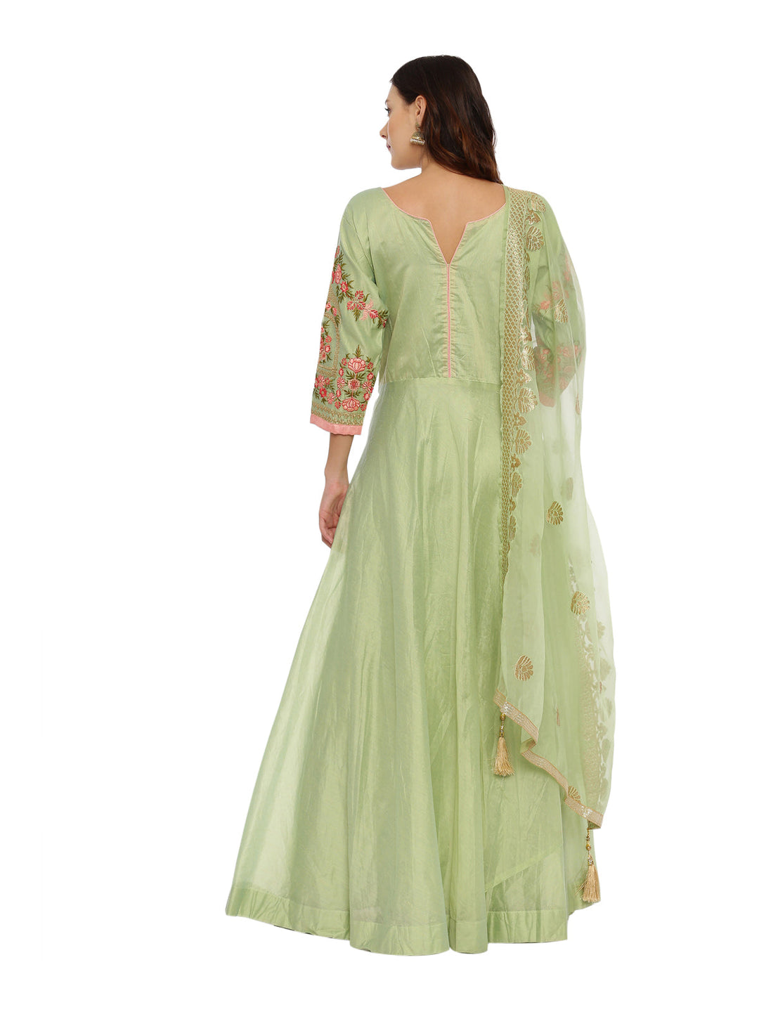 Neerus Green Chanderi Printed Anarkali Suit Set - detail view 1