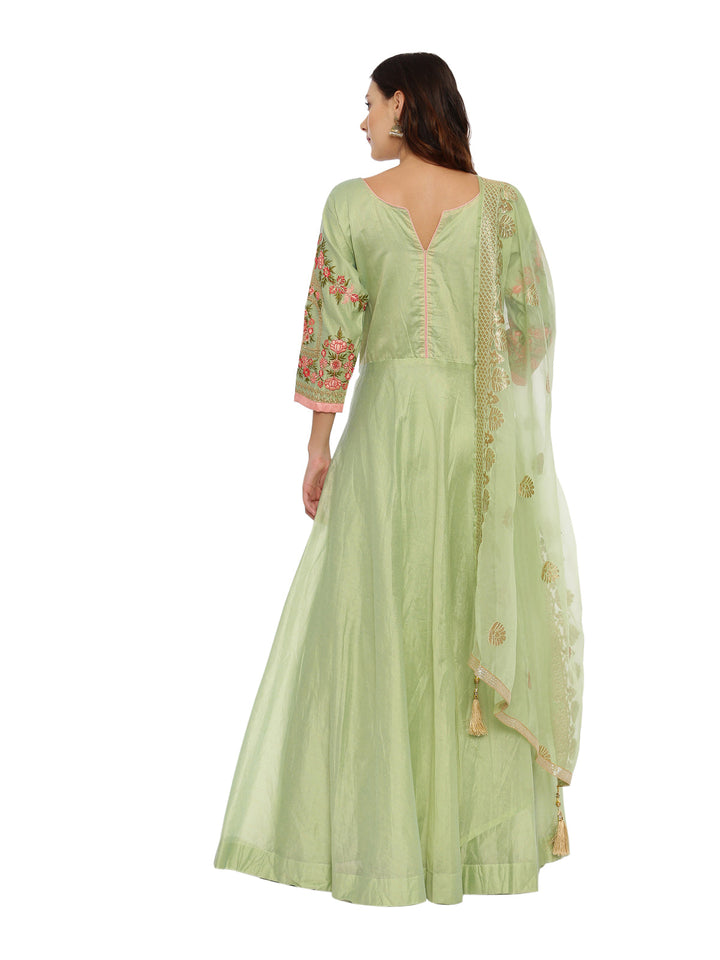 Neerus Green Chanderi Printed Anarkali Suit Set - detail view 1