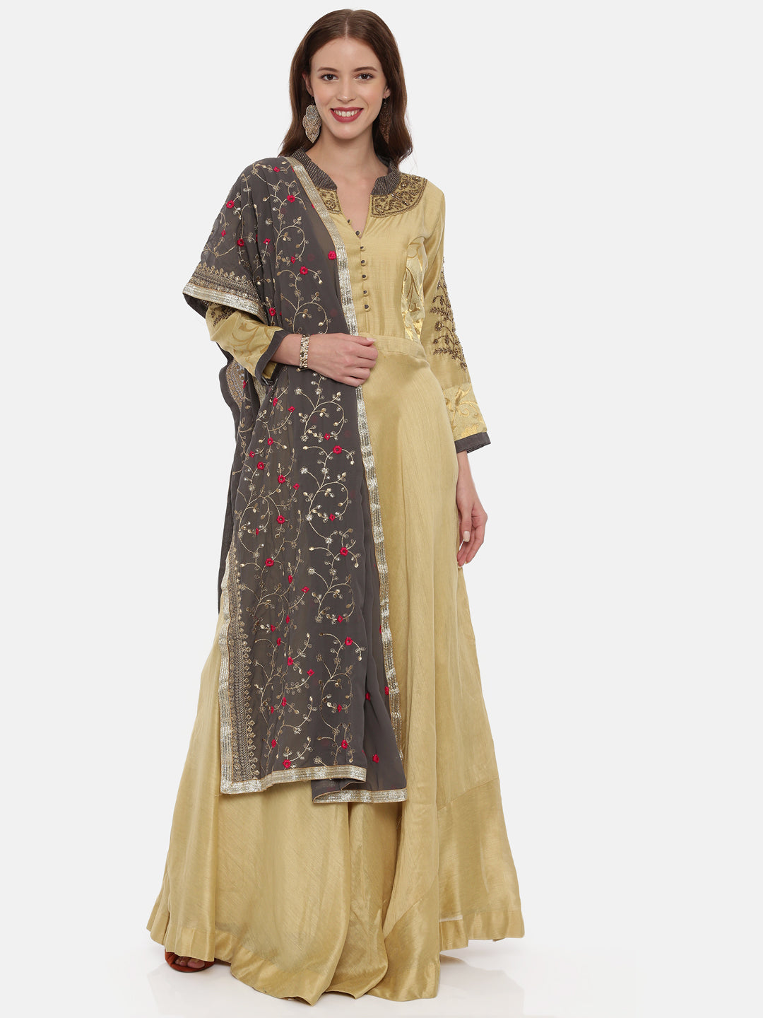 Neerus Beige Chanderi woven anarkali gown - front view