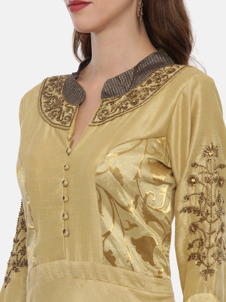 Neerus Beige Chanderi woven anarkali gown - back view