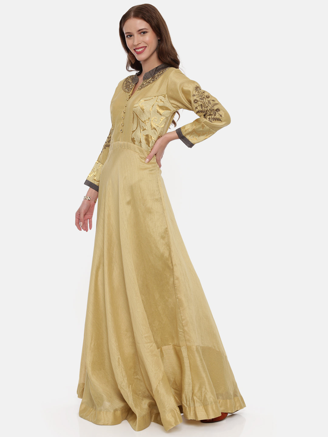 Neerus Beige Chanderi woven anarkali gown - detail view 2