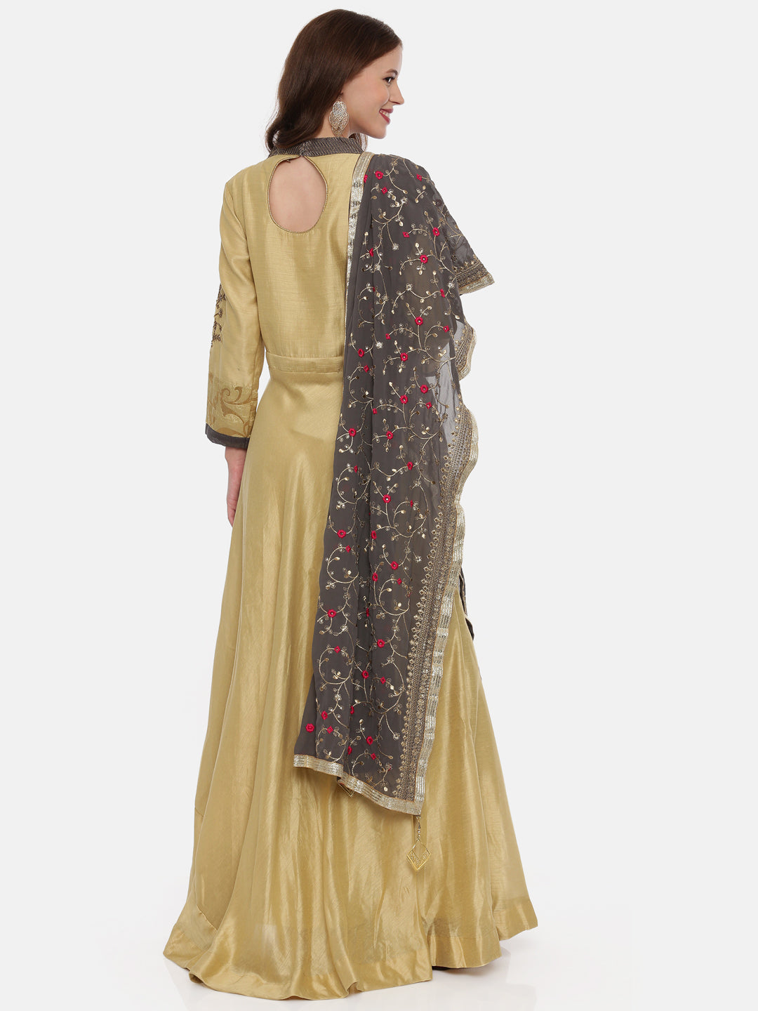 Neerus Beige Chanderi woven anarkali gown - side view