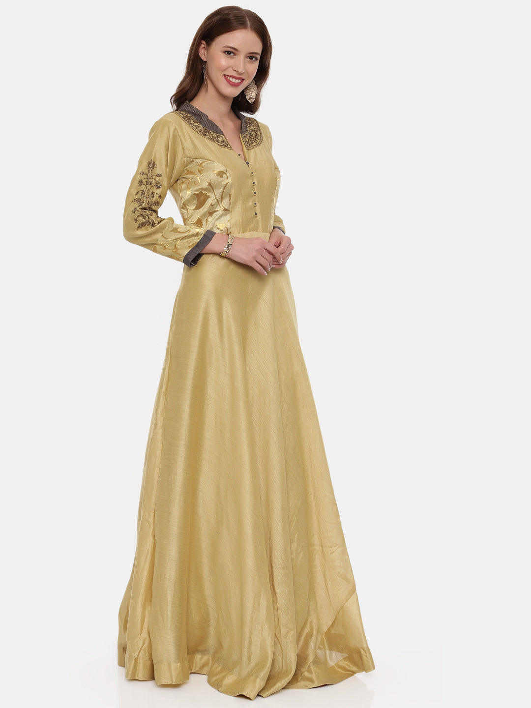 Neerus Beige Chanderi woven anarkali gown - detail view 1