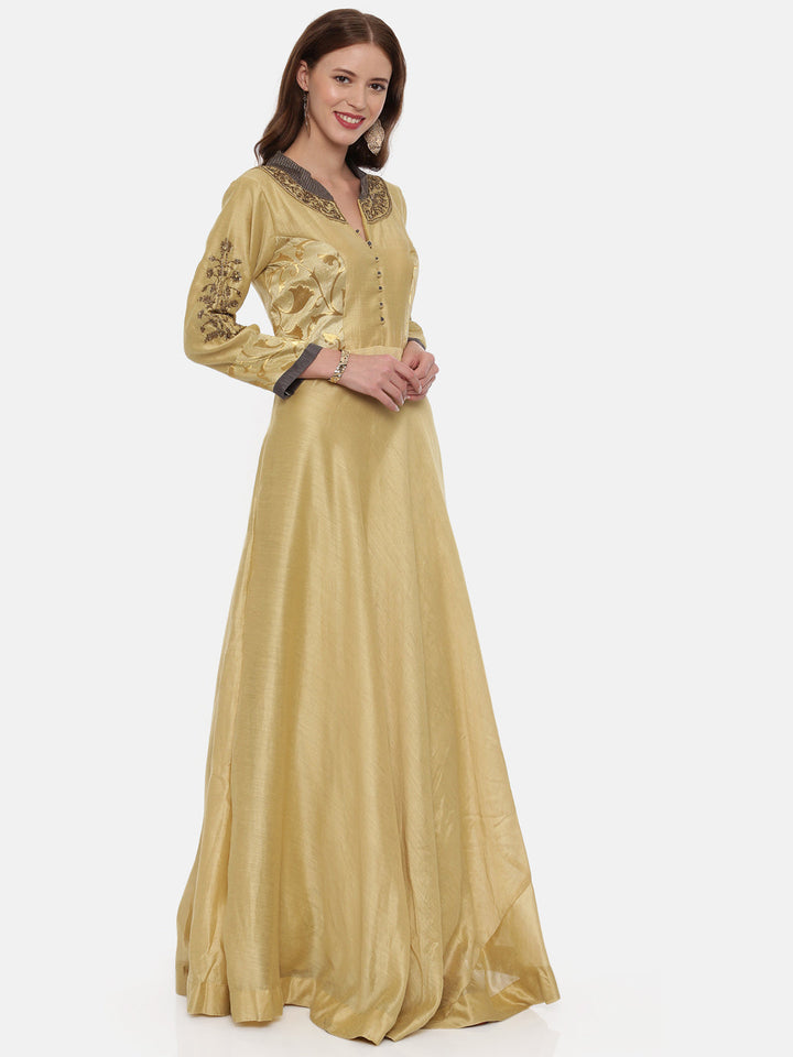 Neerus Beige Chanderi woven anarkali gown - detail view 1