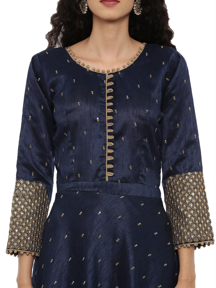 Neerus Blue Chanderi Embroidered Anarkali Suit Set - back view