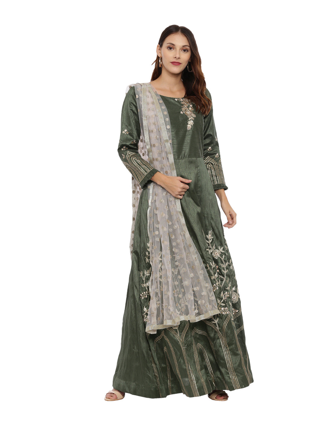 Neerus Green silk anarkali suit set - front view