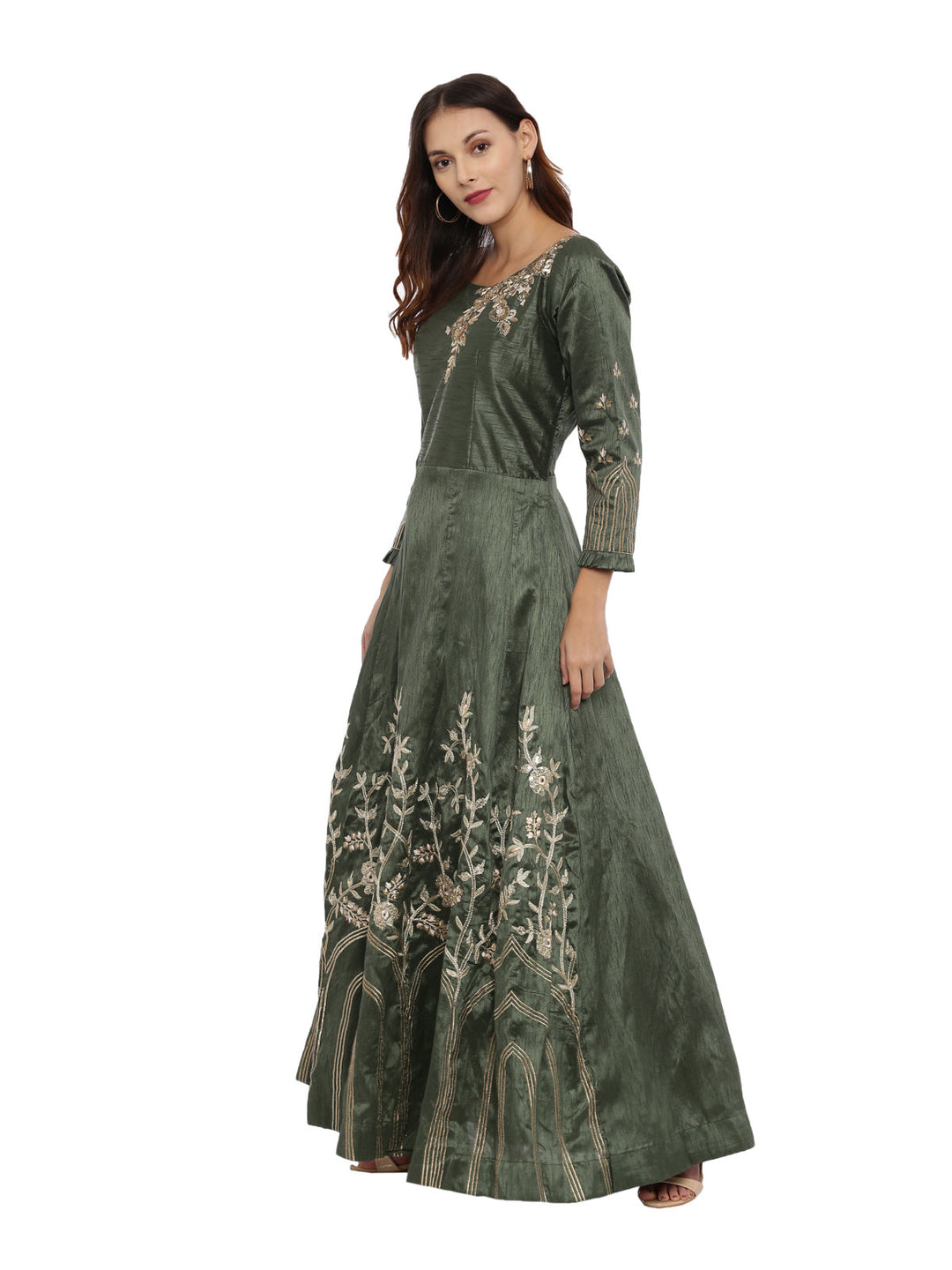 Neerus Green silk anarkali suit set - detail view 2