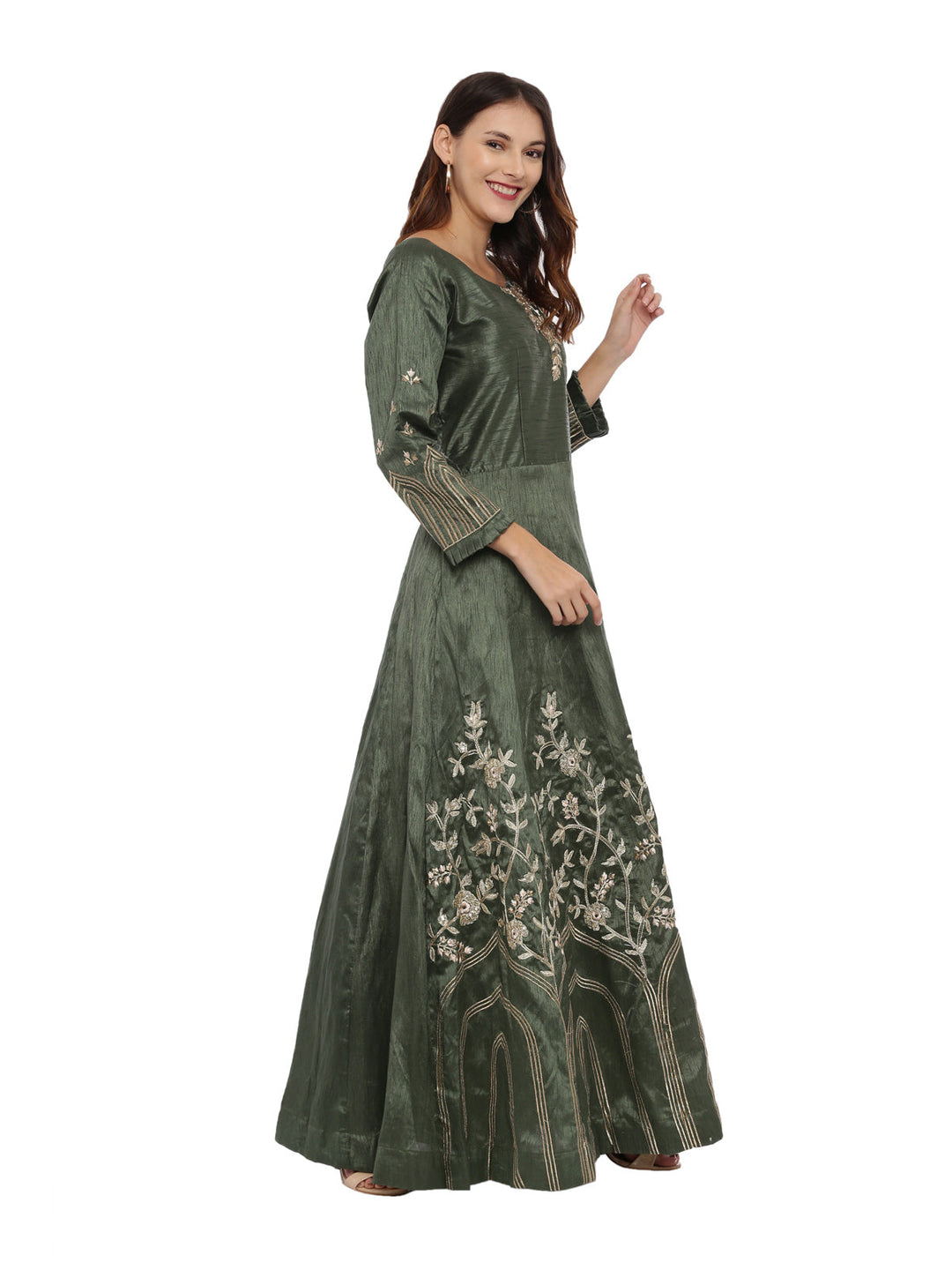 Neerus Green silk anarkali suit set - side view