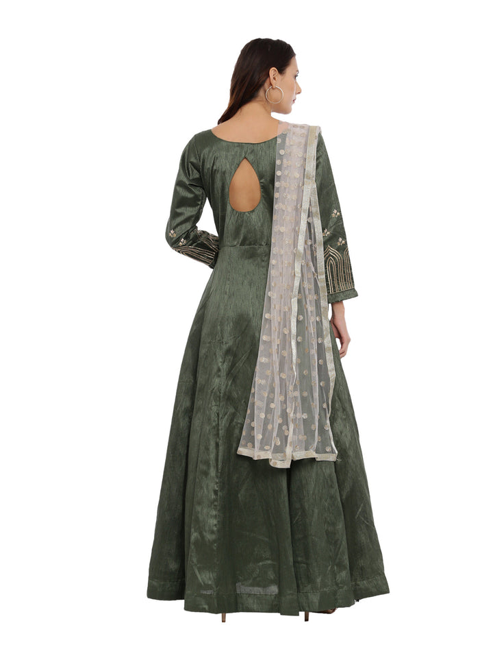Neerus Green silk anarkali suit set - detail view 1