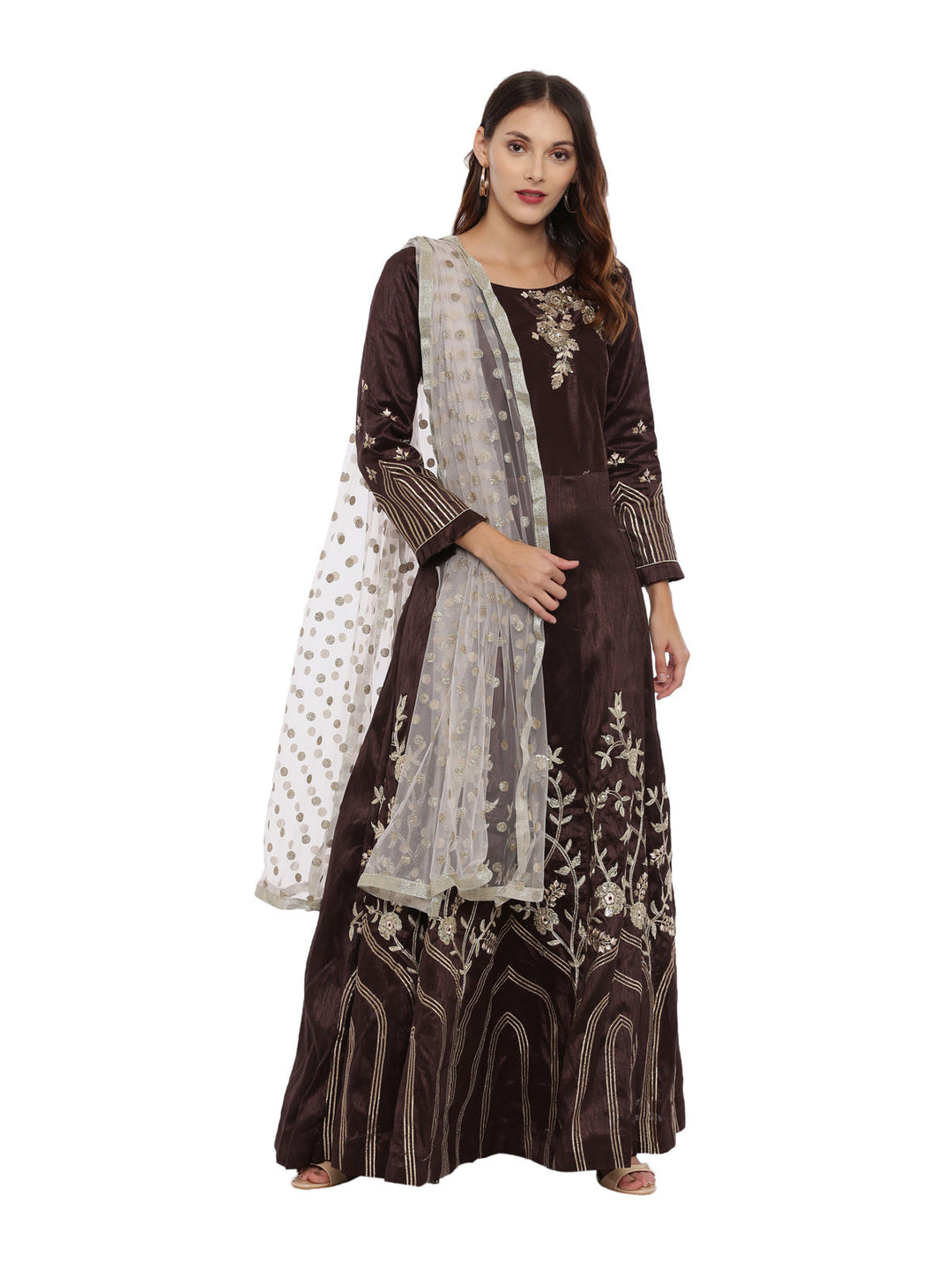 Neerus Brown silk embroidered anarkali suit set - front view