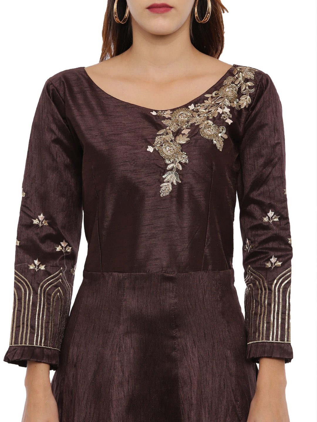 Neerus Brown silk embroidered anarkali suit set - back view