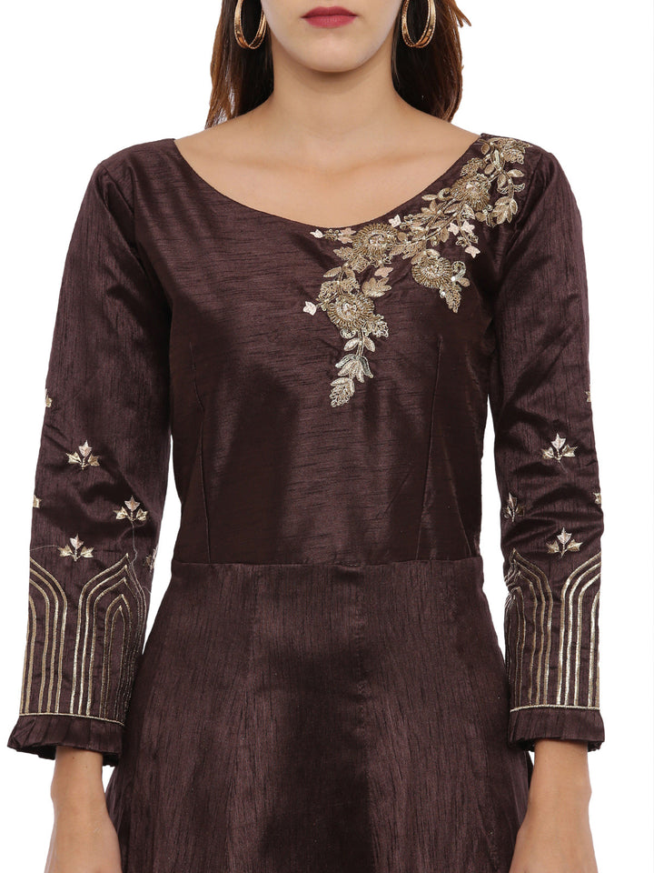 Neerus Brown silk embroidered anarkali suit set - back view