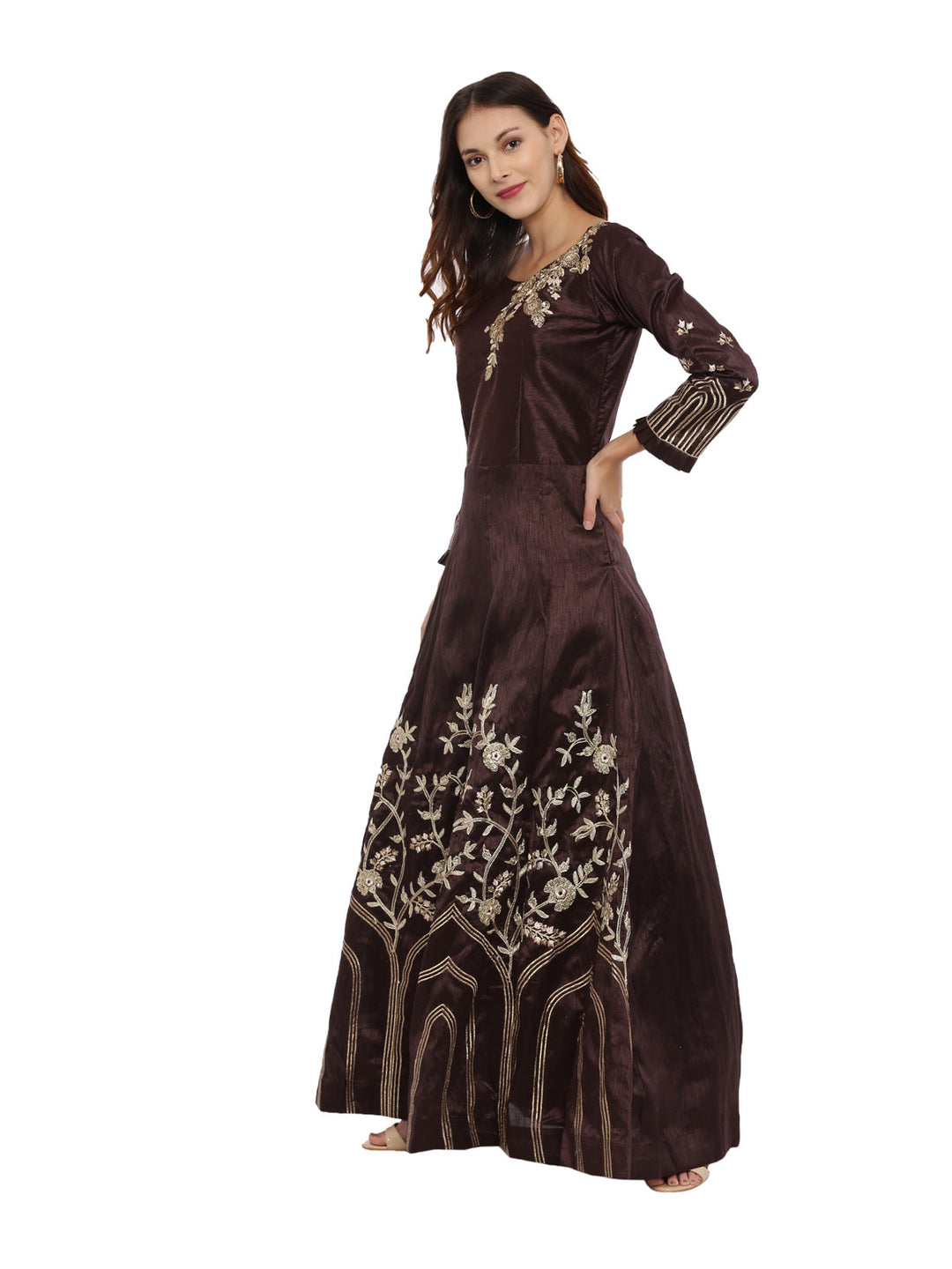 Neerus Brown silk embroidered anarkali suit set - detail view 2