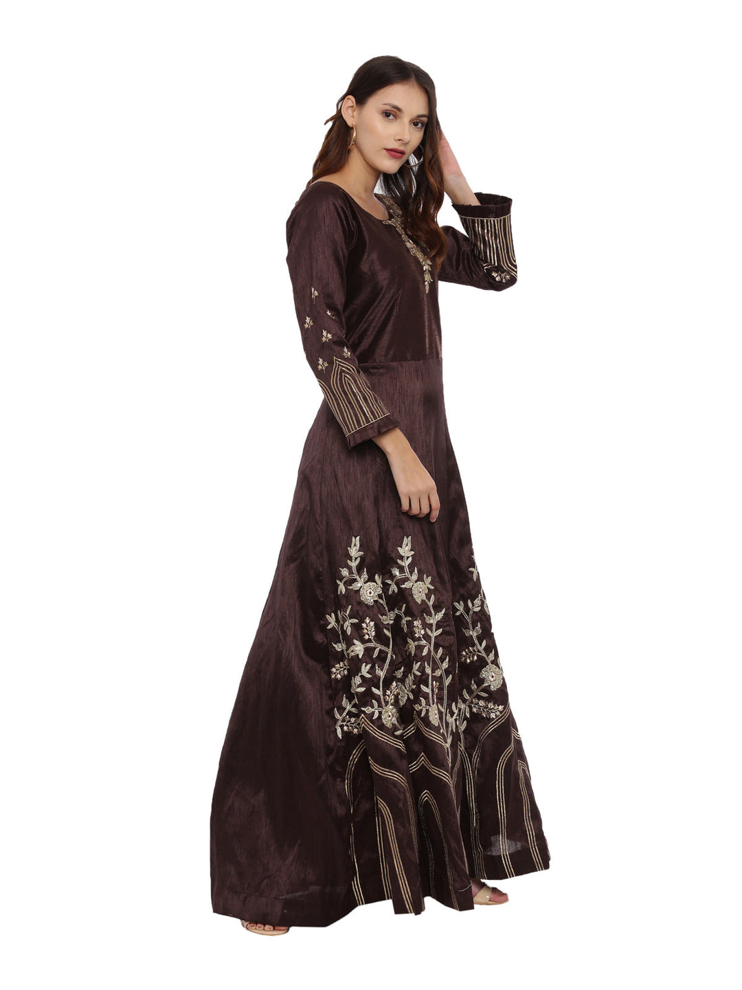 Neerus Brown silk embroidered anarkali suit set - side view